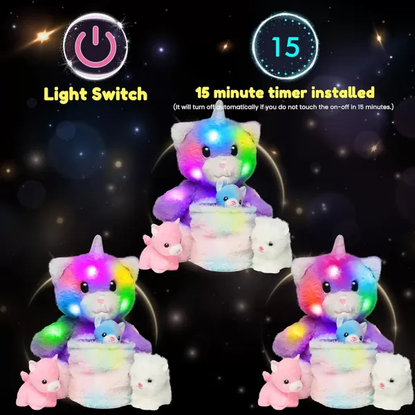 Hopearl LED Musical Stuffed Cat Light up Singing Plush Toy Playset Mommy Cat with 3 Baby Kittens in her Tummy Lullaby Animated Soothe for Mom Kids Toddler Girls Rainbow 18LED no music 08 Kitty With Basket