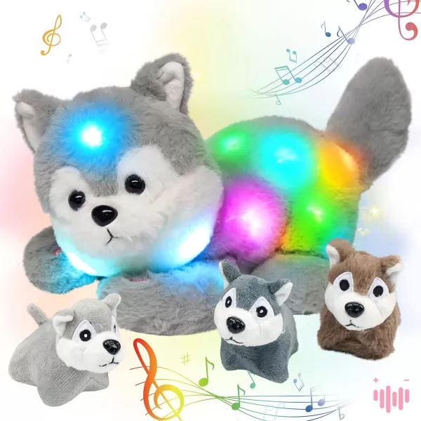 Hopearl LED Musical Stuffed Cat Light up Singing Plush Toy Playset Mommy Cat with 3 Baby Kittens in her Tummy Lullaby Animated Soothe for Mom Kids Toddler Girls Rainbow 18LED amp Music 07 Husky