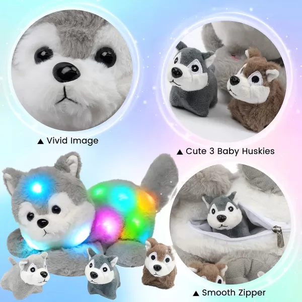 Hopearl LED Musical Stuffed Cat Light up Singing Plush Toy Playset Mommy Cat with 3 Baby Kittens in her Tummy Lullaby Animated Soothe for Mom Kids Toddler Girls Rainbow 18LED no music 07 Husky