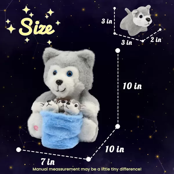 Hopearl LED Musical Stuffed Cat Light up Singing Plush Toy Playset Mommy Cat with 3 Baby Kittens in her Tummy Lullaby Animated Soothe for Mom Kids Toddler Girls Rainbow 18LED no music 09 Husky With Basket