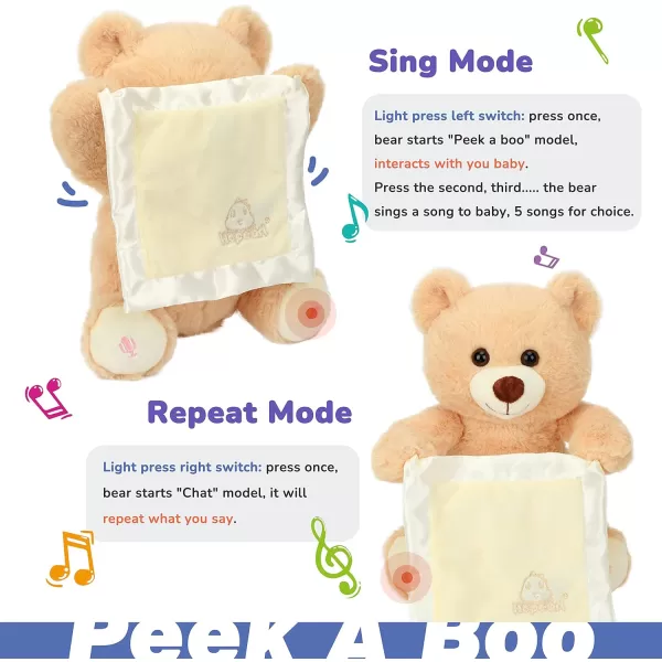 Hopearl Peek A Boo Bear with Security Blanket Interactive Repeats What You Say Plush Teddy Bear Toy Musical Singing Talking Stuffed Animal Adorable Electric Animate Birthday Festival Beige 1104 Bear