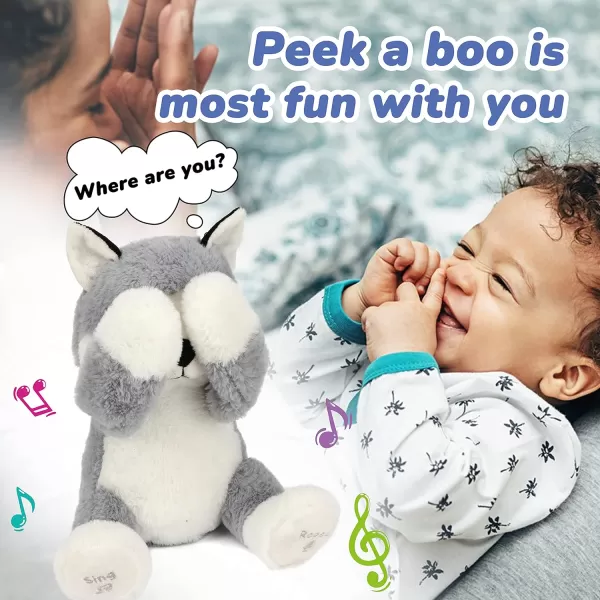 Hopearl Peek A Boo Bear with Security Blanket Interactive Repeats What You Say Plush Teddy Bear Toy Musical Singing Talking Stuffed Animal Adorable Electric Animate Birthday Festival Beige 1102 Husky