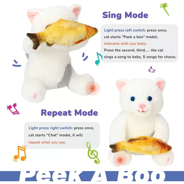 Hopearl Peek A Boo Bear with Security Blanket Interactive Repeats What You Say Plush Teddy Bear Toy Musical Singing Talking Stuffed Animal Adorable Electric Animate Birthday Festival Beige 1107 White Cat