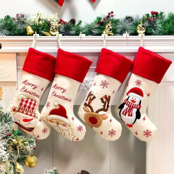 Hopearl 19 Christmas Stockings Kit 4 Pcs Xmas Stocking Boy Girl Gingerbread Man Rustic Flax Socks Holders Ornament Gift Bags for Family Xmas Tree Party SuppliesStyle 01