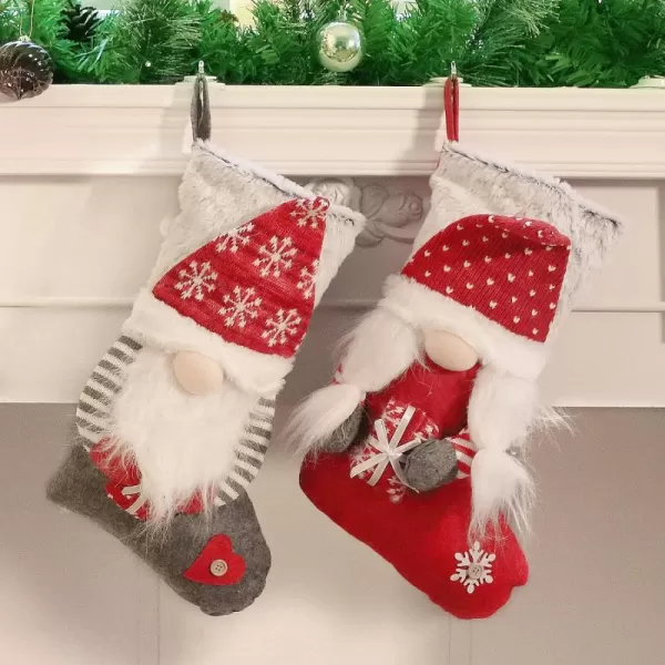 Hopearl 2 Pcs Christmas Stockings Set with 3D Mr and Mrs Swedish Gnome Tomte Nisse Couple Socks with Plush Cuff Gift Bags for Kids Holiday Fireplace Hanging Xmas Party Decorations 18Style 1