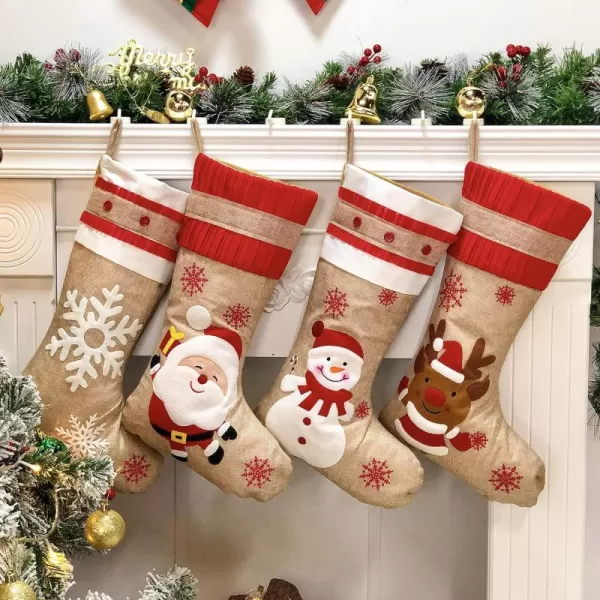 Hopearl 21 Large Christmas Stockings Kit Set of 4 Santa Snowman Reindeer Rustic Flax Socks Stocking Ornament Gift Bags for Family Xmas Party SuppliesHopearl 21 Large Christmas Stockings Kit Set of 4 Santa Snowman Reindeer Rustic Flax Socks Stocking Ornament Gift Bags for Family Xmas Party Supplies