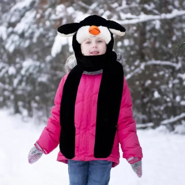 Hopearl 3 in 1 Winter Animal Hat with Jumping Ears Hoodie Scarf with Pockets Plush Dress Up Moving Ear Hat Scarf Gloves Set01 Penguin