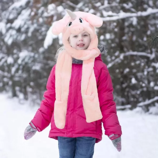 Hopearl 3 in 1 Winter Animal Hat with Jumping Ears Hoodie Scarf with Pockets Plush Dress Up Moving Ear Hat Scarf Gloves Set04 Pink Unicorn