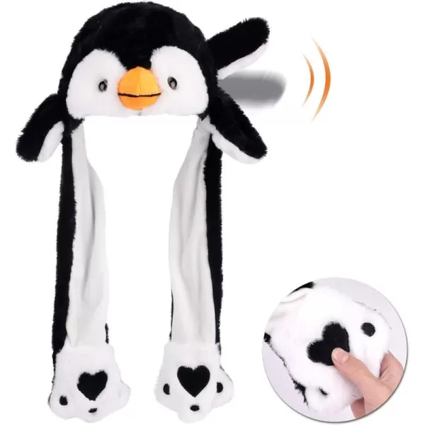 Hopearl Halloween Devil Hat with Ears Moving Jumping Pop Up Beating Ghost Hat Plush Earflaps Holiday Cosplay Costume Dress Up Funny Gift for Kids Boys Girls Black 2201 Penguin