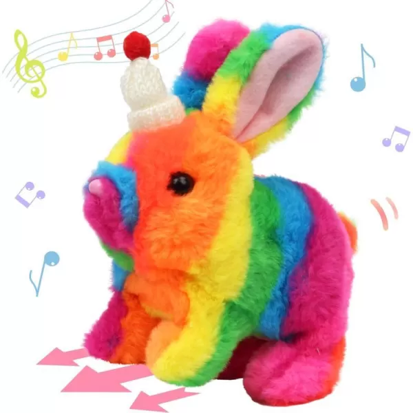 Hopearl Hopping Rabbit with Bell Interactive Electronic Pet Plush Bunny Toy with Sounds and Movements Animated Walking Wiggle Ears Twitch Nose Gift for Toddlers Birthday Rainbow 707 Rainbow Bunny With Hat