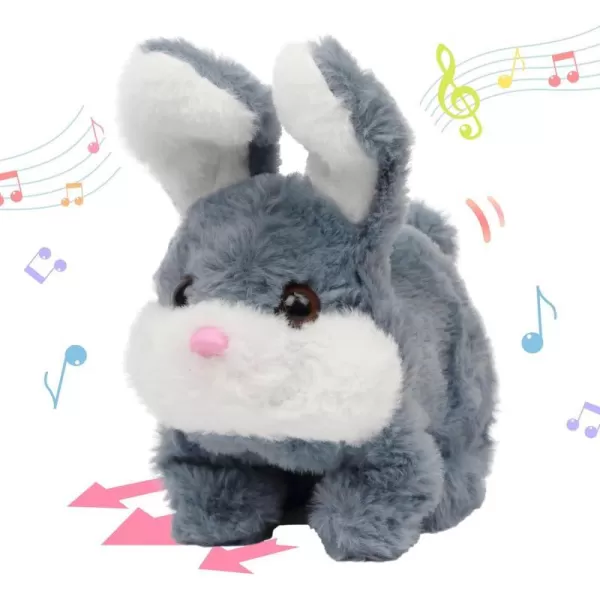 Hopearl Hopping Rabbit with Bell Interactive Electronic Pet Plush Bunny Toy with Sounds and Movements Animated Walking Wiggle Ears Twitch Nose Gift for Toddlers Birthday Rainbow 714 Gray Chubby Rabbit