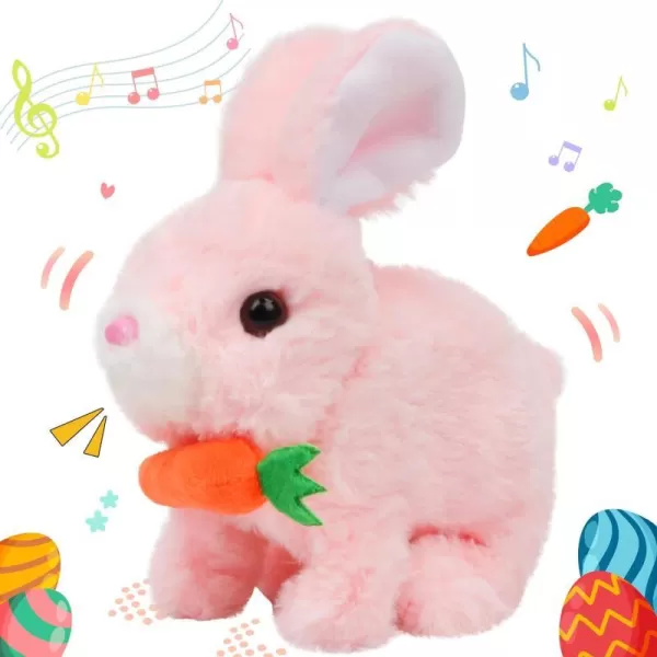 Hopearl Hopping Rabbit with Bell Interactive Electronic Pet Plush Bunny Toy with Sounds and Movements Animated Walking Wiggle Ears Twitch Nose Gift for Toddlers Birthday Rainbow 706 Pink Bunny With Carrot