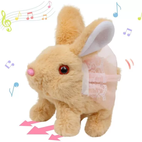 Hopearl Hopping Rabbit with Bell Interactive Electronic Pet Plush Bunny Toy with Sounds and Movements Animated Walking Wiggle Ears Twitch Nose Gift for Toddlers Birthday Rainbow 710 Brown Bunny in Dress