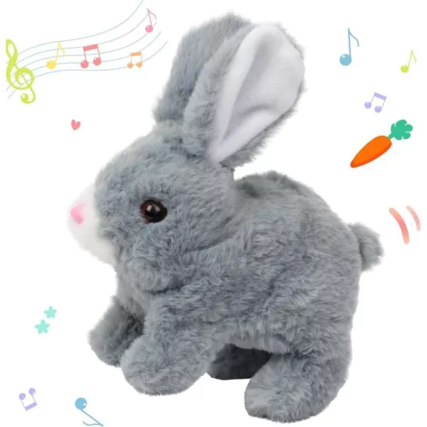 Hopearl Hopping Rabbit with Bell Interactive Electronic Pet Plush Bunny Toy with Sounds and Movements Animated Walking Wiggle Ears Twitch Nose Gift for Toddlers Birthday Rainbow 704 Gray Bunny