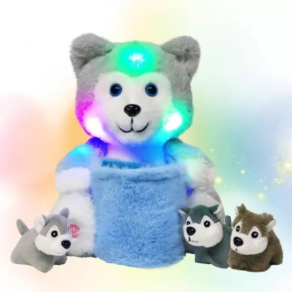 Hopearl LED Musical Stuffed Cat Light up Singing Plush Toy Playset Mommy Cat with 3 Baby Kittens in her Tummy Lullaby Animated Soothe for Mom Kids Toddler Girls Rainbow 18LED no music 09 Husky With Basket