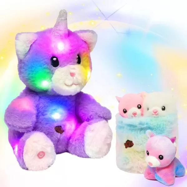 Hopearl LED Musical Stuffed Cat Light up Singing Plush Toy Playset Mommy Cat with 3 Baby Kittens in her Tummy Lullaby Animated Soothe for Mom Kids Toddler Girls Rainbow 18LED no music 08 Kitty With Basket