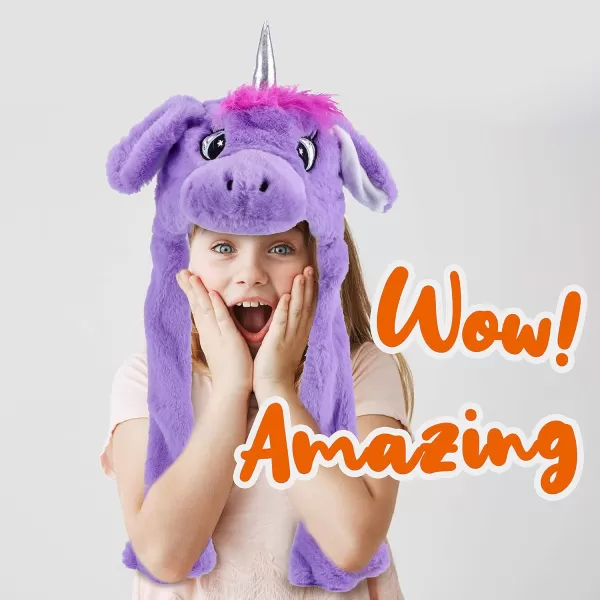 Hopearl Halloween Devil Hat with Ears Moving Jumping Pop Up Beating Ghost Hat Plush Earflaps Holiday Cosplay Costume Dress Up Funny Gift for Kids Boys Girls Black 2221 Purple Unicorn