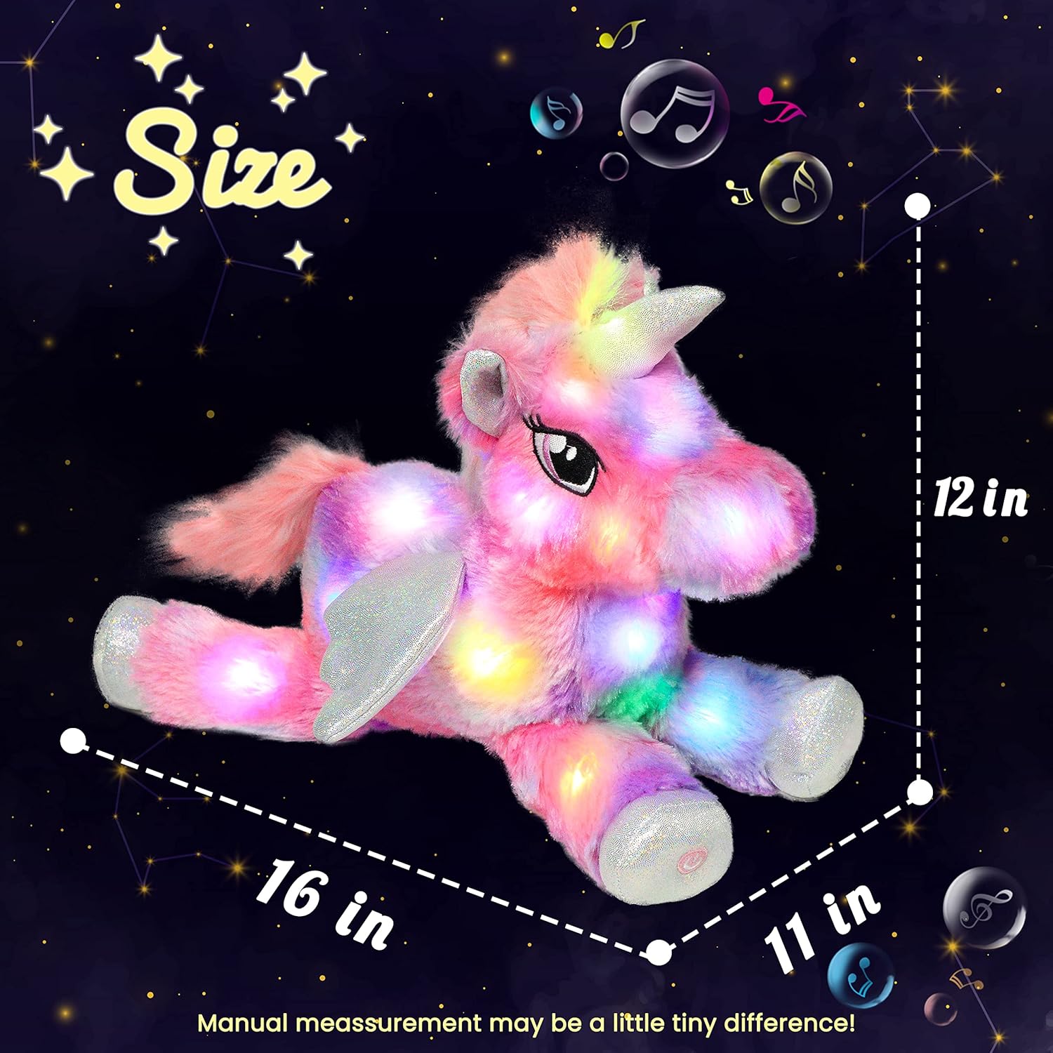 Hopearl Colorful LED Musical Stuffed Unicorn Lighting Up Singing Plush Toy Adjustable Volume Lullaby Animated Soothe Birthday Festival for Kids Toddler Girls Rainbow 16