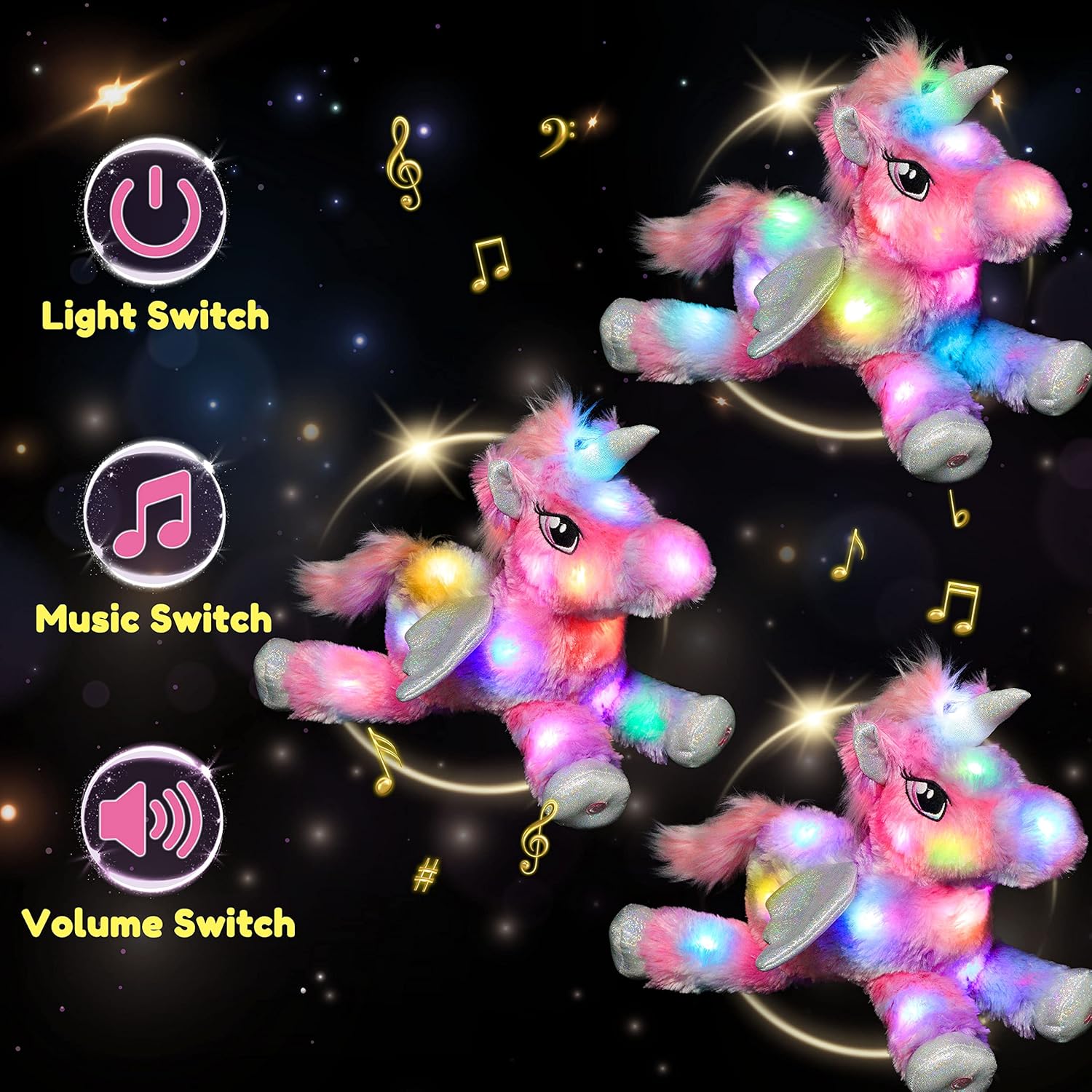 Hopearl Colorful LED Musical Stuffed Unicorn Lighting Up Singing Plush Toy Adjustable Volume Lullaby Animated Soothe Birthday Festival for Kids Toddler Girls Rainbow 16