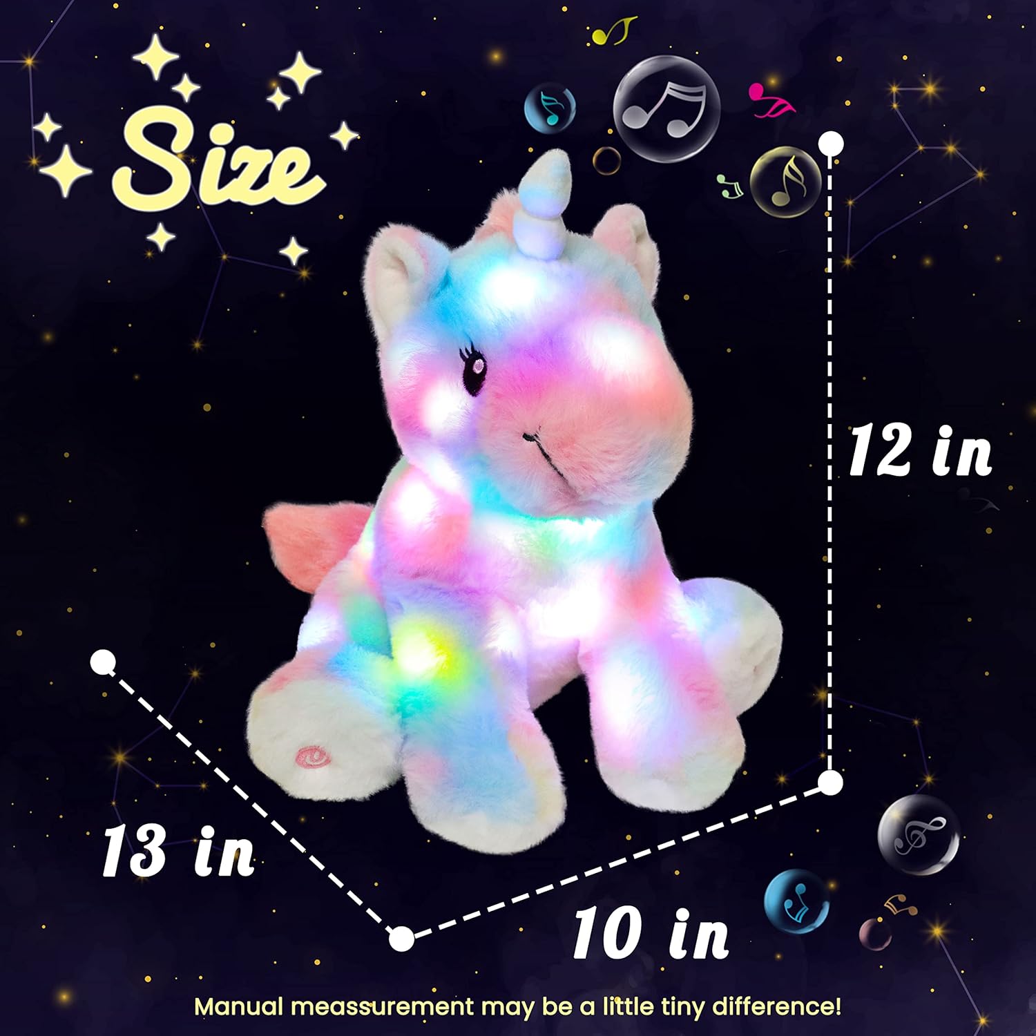 Hopearl LED Musical Stuffed Unicorn Colorful Lighting Up Singing Plush Toy Adjustable Volume Lullaby Animated Soothe Birthday Gifts for Kids Toddler Girls Rainbow 12