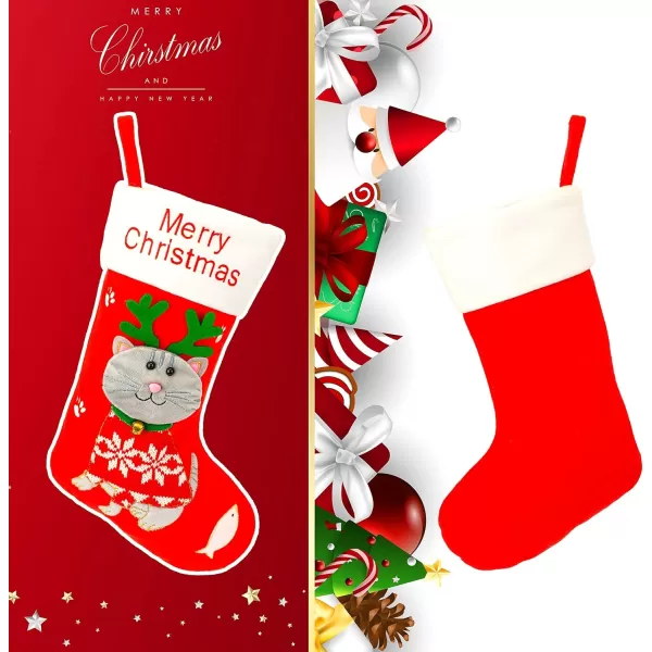 Hopearl 16 Cat Christmas Stocking 3D Pet Holder Kitty Ornament Gifts Bags for Pets Decoration Holiday Party Supply Seasonal Ornament Red