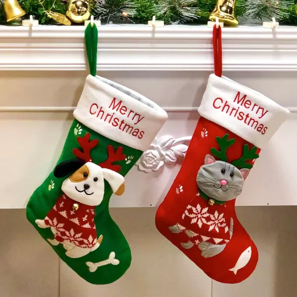 Hopearl 16 Cat Christmas Stocking 3D Pet Holder Kitty Ornament Gifts Bags for Pets Decoration Holiday Party Supply Seasonal Ornament Red