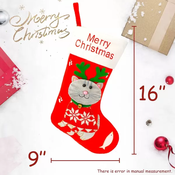 Hopearl 16 Cat Christmas Stocking 3D Pet Holder Kitty Ornament Gifts Bags for Pets Decoration Holiday Party Supply Seasonal Ornament Red