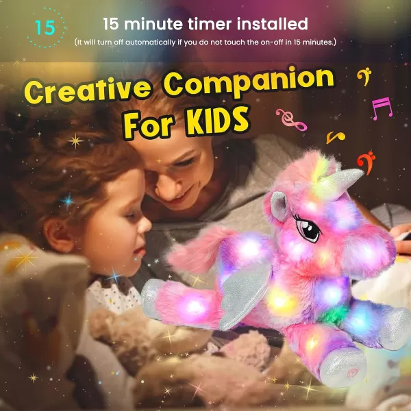 Hopearl Colorful LED Musical Stuffed Unicorn Lighting Up Singing Plush Toy Adjustable Volume Lullaby Animated Soothe Birthday Festival for Kids Toddler Girls Rainbow 16