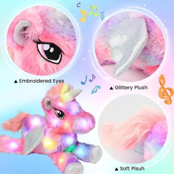 Hopearl Colorful LED Musical Stuffed Unicorn Lighting Up Singing Plush Toy Adjustable Volume Lullaby Animated Soothe Birthday Festival for Kids Toddler Girls Rainbow 16