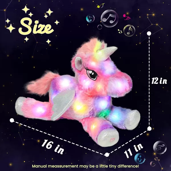 Hopearl Colorful LED Musical Stuffed Unicorn Lighting Up Singing Plush Toy Adjustable Volume Lullaby Animated Soothe Birthday Festival for Kids Toddler Girls Rainbow 16