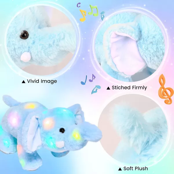 Hopearl LED Musical Plush Elephant Lighting Up Stuffed Animal Elephish Floppy Night Lights Glow in The Dark Birthday Festival for Kids Toddlers Blue 15