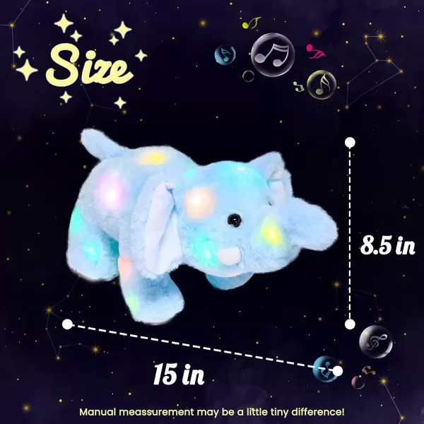 Hopearl LED Musical Plush Elephant Lighting Up Stuffed Animal Elephish Floppy Night Lights Glow in The Dark Birthday Festival for Kids Toddlers Blue 15