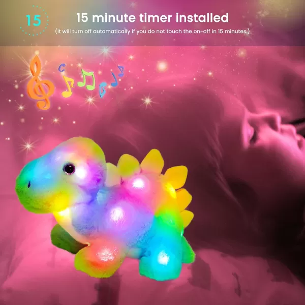 Hopearl LED Musical Stegosaurus Colorful Stuffed Dinosaur Lighting Up Singing Plush Toy Adjustable Volume Lullaby Animated Soothe Birthday Gifts for Kids Toddler Girls Green 14