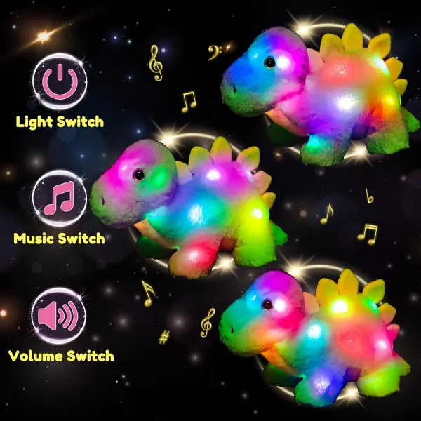 Hopearl LED Musical Stegosaurus Colorful Stuffed Dinosaur Lighting Up Singing Plush Toy Adjustable Volume Lullaby Animated Soothe Birthday Gifts for Kids Toddler Girls Green 14