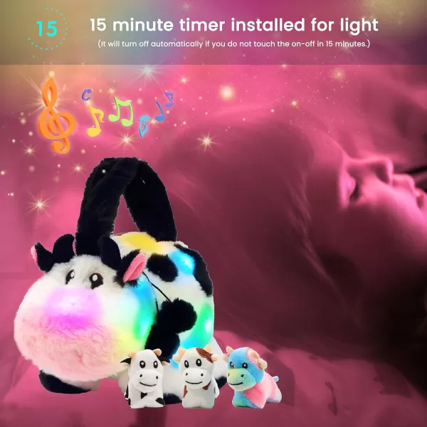 Hopearl LED Musical Stuffed Cow Handbag Lighting Up Singing Plush Toy Tote Bag Playset Mommy Cow with 3 Baby Dairy Cows in her Tummy Lullaby Animated Soothe Gifts for Kids 11