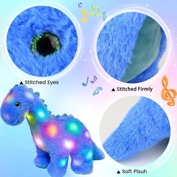 Hopearl LED Musical Stuffed Dinosaur Lighting Up Singing Diplodocus Soft Plush Toy with Long Neck Adjustable Volume Lullaby Animated Soothe Gifts for Kids Toddlers Blue 16