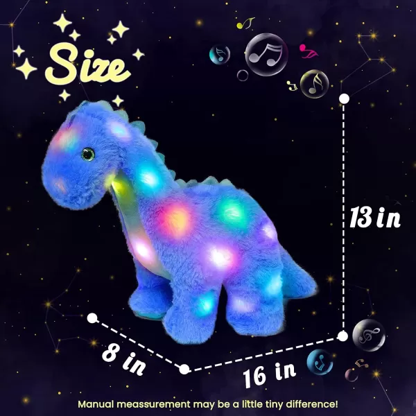 Hopearl LED Musical Stuffed Dinosaur Lighting Up Singing Diplodocus Soft Plush Toy with Long Neck Adjustable Volume Lullaby Animated Soothe Gifts for Kids Toddlers Blue 16