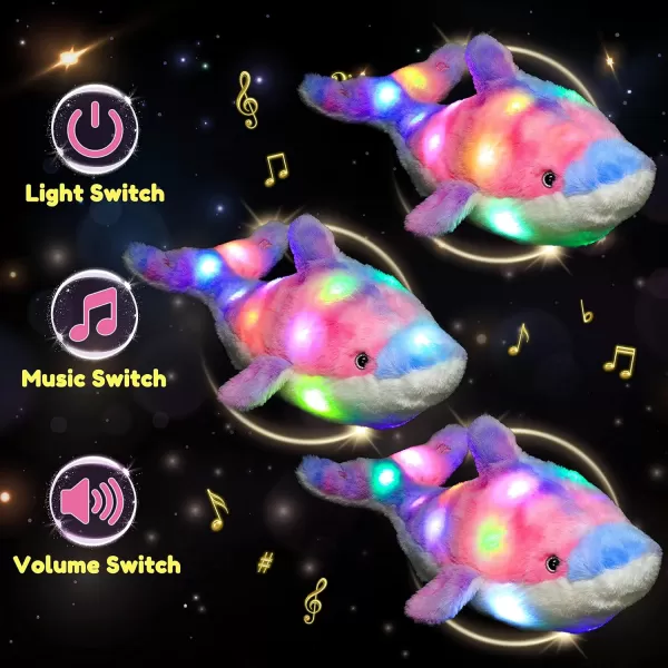 Hopearl LED Musical Stuffed Dolphin Lighting Up Singing Plush Toy Adjustable Volume Lullaby Animated Soothe Birthday Festival for Kids Toddler Girls Rainbow 145