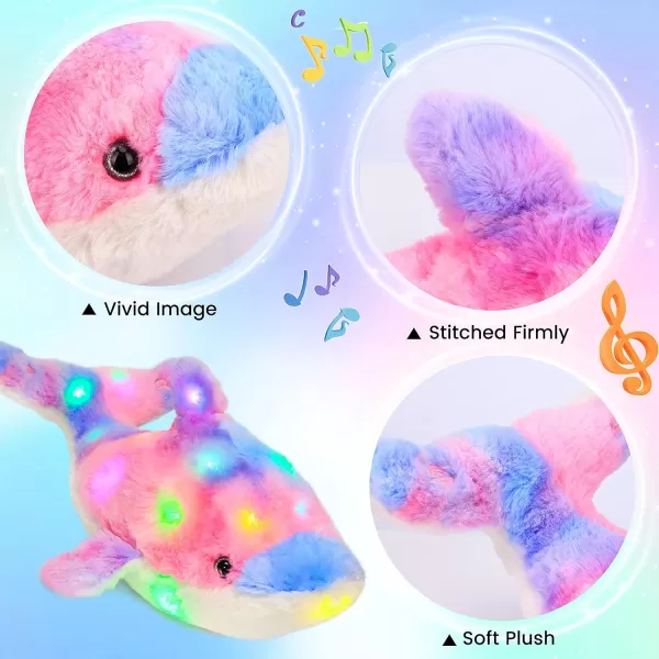 Hopearl LED Musical Stuffed Dolphin Lighting Up Singing Plush Toy Adjustable Volume Lullaby Animated Soothe Birthday Festival for Kids Toddler Girls Rainbow 145