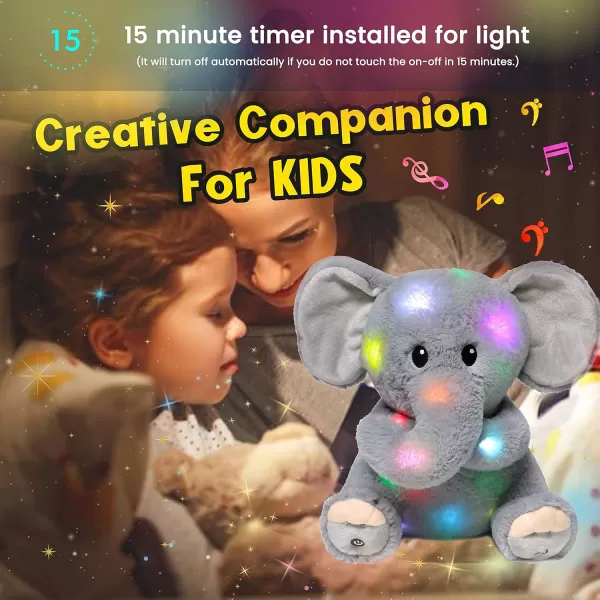 Hopearl LED Musical Stuffed Elephant Lighting Up Singing Plush Toy Adjustable Volume Lullaby Animated Soothe Birthday Festival for Kids Toddler Girls Gray 11