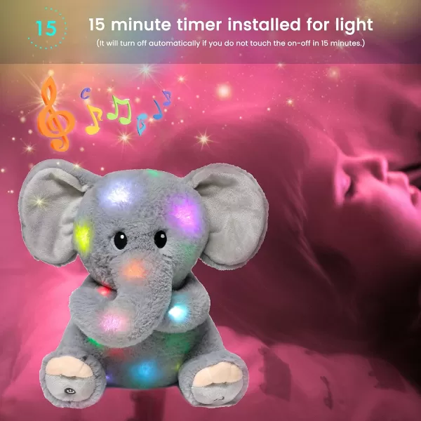 Hopearl LED Musical Stuffed Elephant Lighting Up Singing Plush Toy Adjustable Volume Lullaby Animated Soothe Birthday Festival for Kids Toddler Girls Gray 11