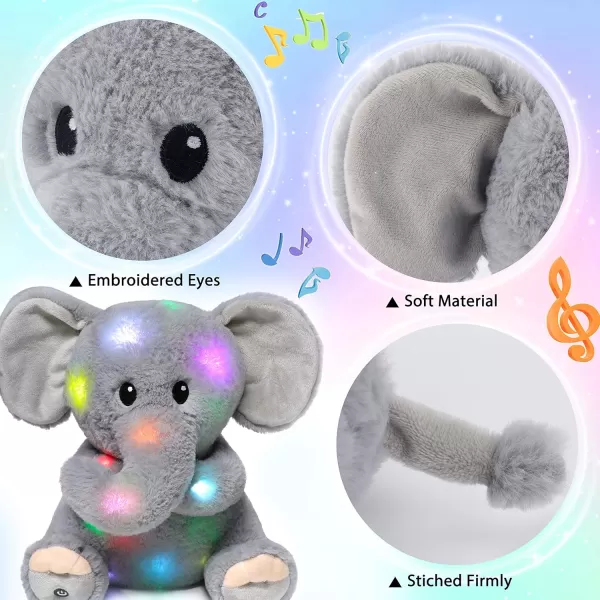 Hopearl LED Musical Stuffed Elephant Lighting Up Singing Plush Toy Adjustable Volume Lullaby Animated Soothe Birthday Festival for Kids Toddler Girls Gray 11