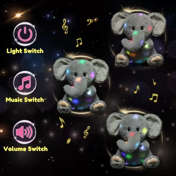 Hopearl LED Musical Stuffed Elephant Lighting Up Singing Plush Toy Adjustable Volume Lullaby Animated Soothe Birthday Festival for Kids Toddler Girls Gray 11