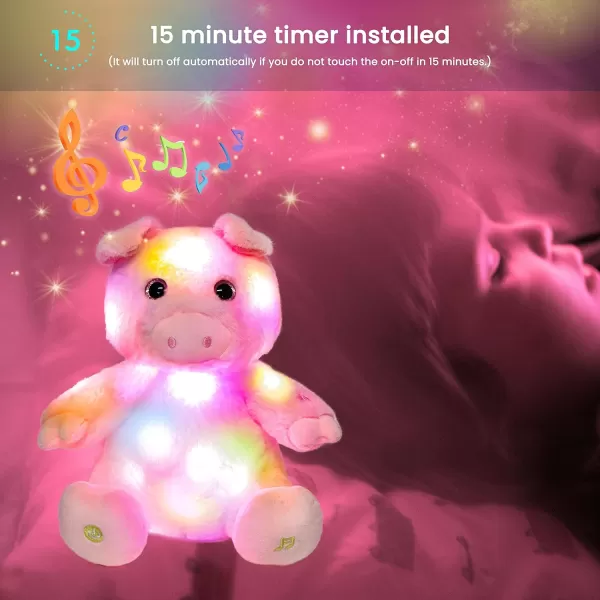 Hopearl LED Musical Stuffed Pig Lighting Up Singing Piggy Plush Toy Adjustable Volume Lullaby Animated Soothe Birthday Gifts for Kids Toddler Girls Pink 11