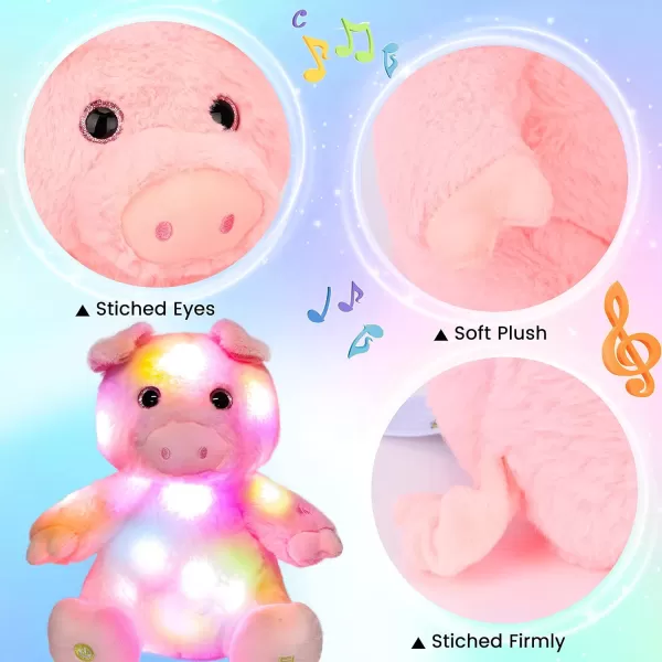 Hopearl LED Musical Stuffed Pig Lighting Up Singing Piggy Plush Toy Adjustable Volume Lullaby Animated Soothe Birthday Gifts for Kids Toddler Girls Pink 11