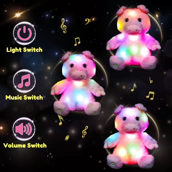 Hopearl LED Musical Stuffed Pig Lighting Up Singing Piggy Plush Toy Adjustable Volume Lullaby Animated Soothe Birthday Gifts for Kids Toddler Girls Pink 11