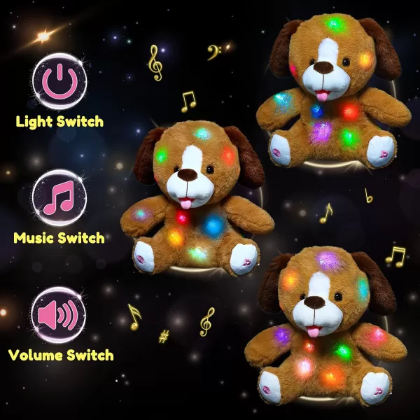 Hopearl LED Musical Stuffed Puppy Lighting Up Singing Plush Naughty Dog Adjustable Volume Lullaby Animated Soothe Birthday Festival for Kids Toddler Girls Brown 115