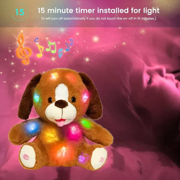 Hopearl LED Musical Stuffed Puppy Lighting Up Singing Plush Naughty Dog Adjustable Volume Lullaby Animated Soothe Birthday Festival for Kids Toddler Girls Brown 115