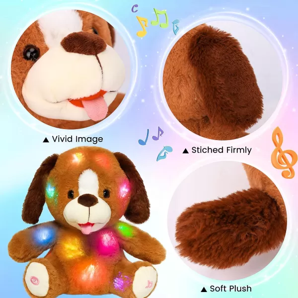 Hopearl LED Musical Stuffed Puppy Lighting Up Singing Plush Naughty Dog Adjustable Volume Lullaby Animated Soothe Birthday Festival for Kids Toddler Girls Brown 115