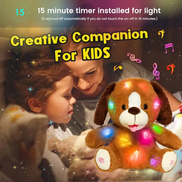 Hopearl LED Musical Stuffed Puppy Lighting Up Singing Plush Naughty Dog Adjustable Volume Lullaby Animated Soothe Birthday Festival for Kids Toddler Girls Brown 115